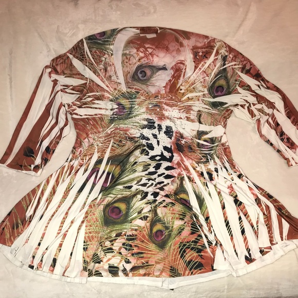 Reina 2X Rhinestone Peacock & Leopard Print Tunic - Picture 1 of 5